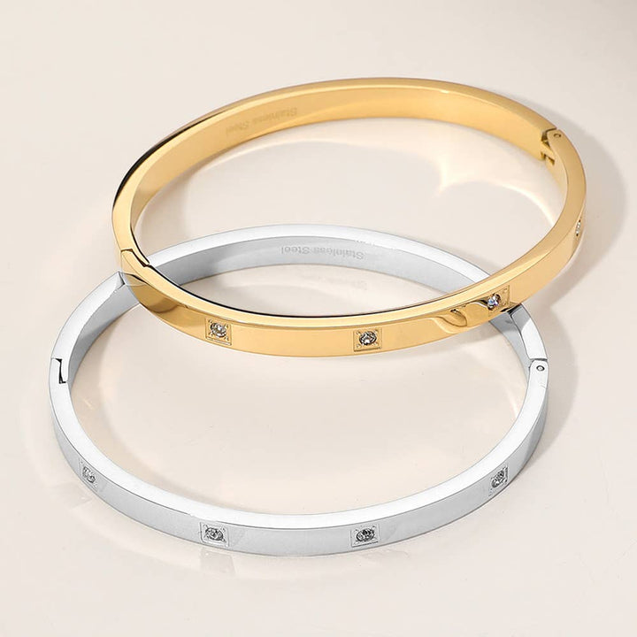 Stainless Steel Stone Paved Pointed Hinged Bangle Bracelet: Silver