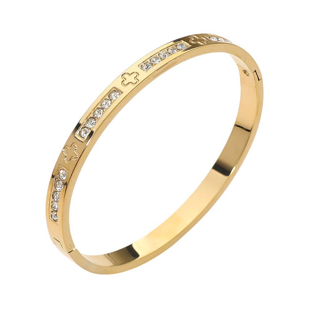 Stainless Steel CZ Accent Quatrefoil Engraved Hinged Bangle Bracelet: Silver