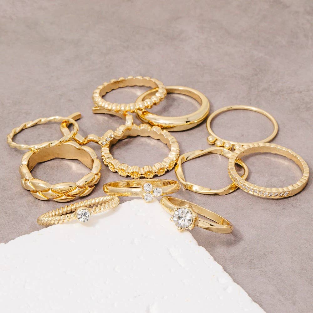 Twelve Piece Assorted Stack Ring Set: Gold