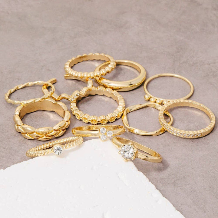 Twelve Piece Assorted Stack Ring Set: Gold