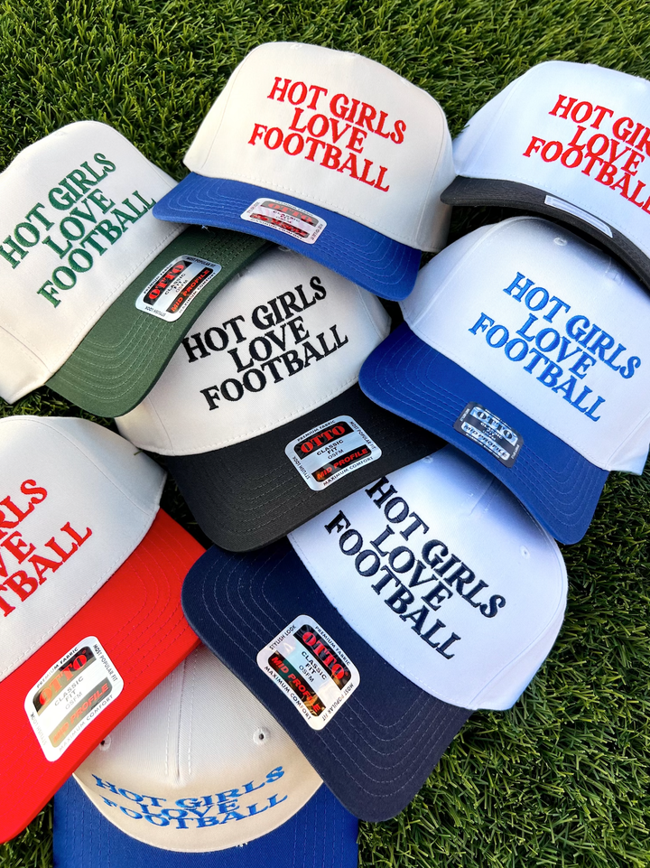 Hot Girls Love Football- Embroidered Hat - Game Day Hat: Red/White- Red Thread
