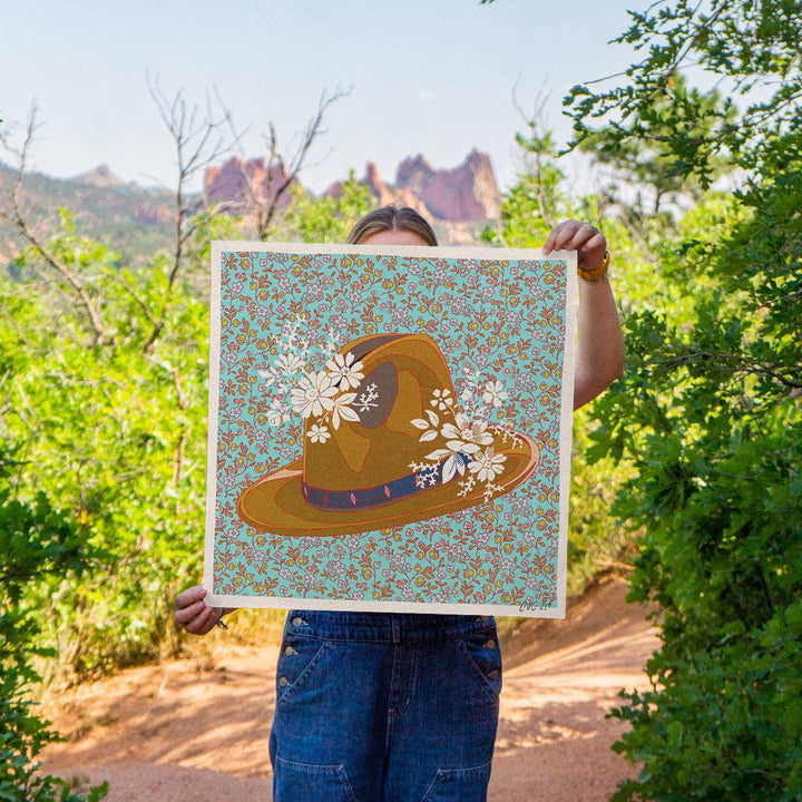 8"x8" Brown and Teal Cowboy Hat Floral Art Print: 8"x8"