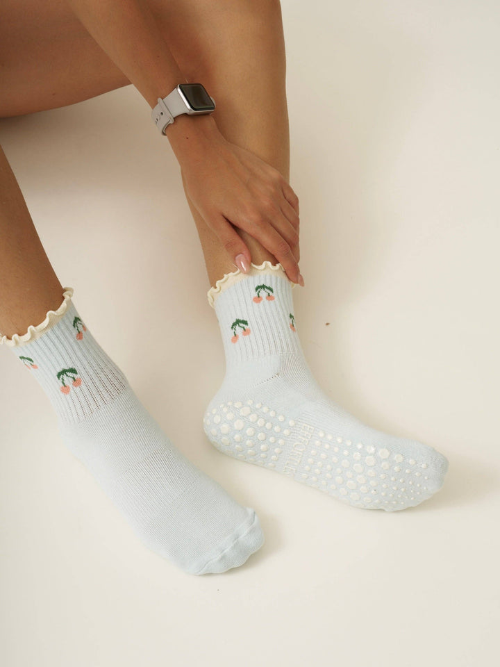 Cherry Ruffle Grip Sock: Baby Blue