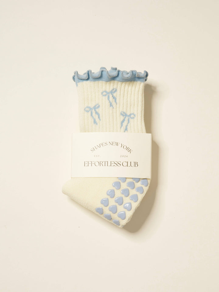 Bow Ruffle Grip Sock: Dusty Blue