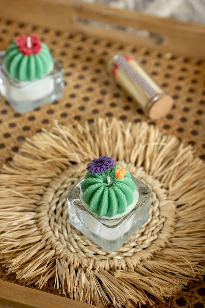 Barrel Cactus Tealight Candles: Green w/ red