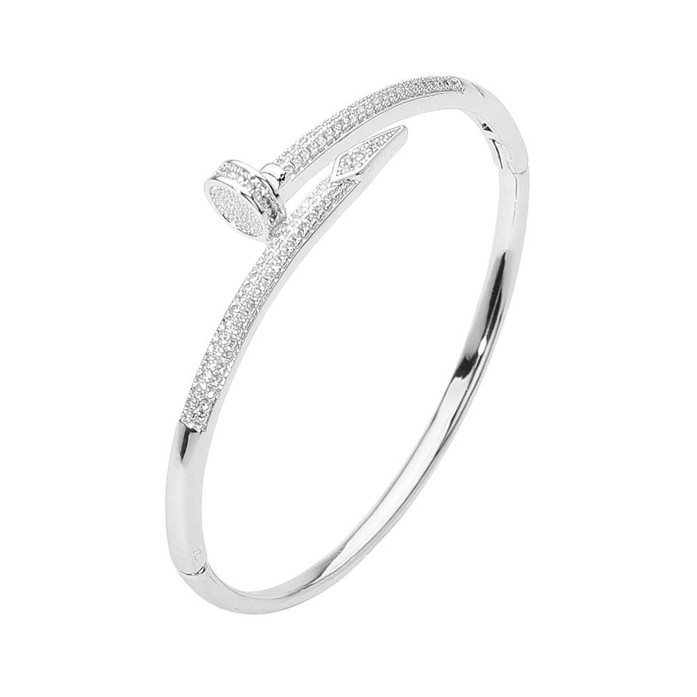 CZ Stone Paved Nailhead Accent Hinged Bangle Bracelet: Rhodium