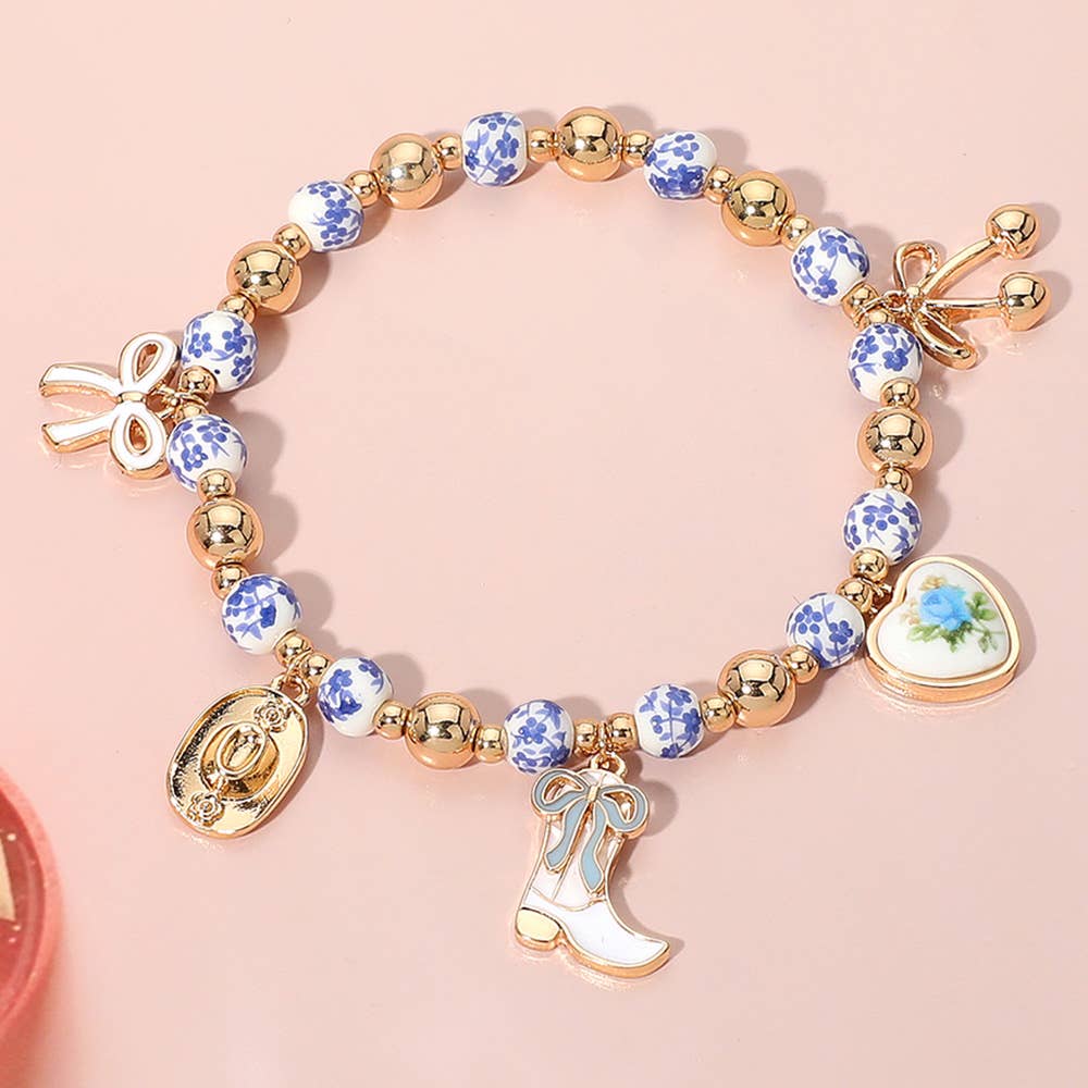 Enamel Bow Western Boot Charm Ceramic Ball Stretch Bracelet: Blue