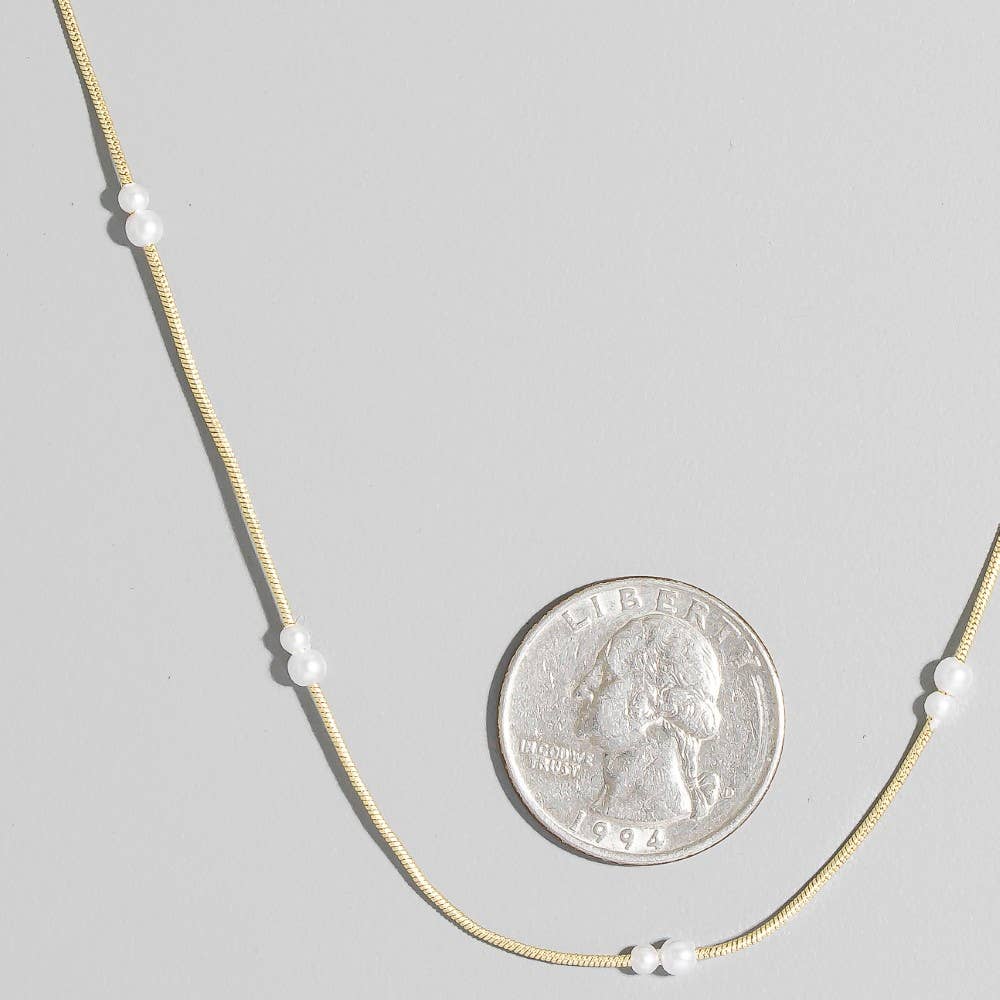 Pearl Station Beads Dainty Box Chain Necklace: Gold