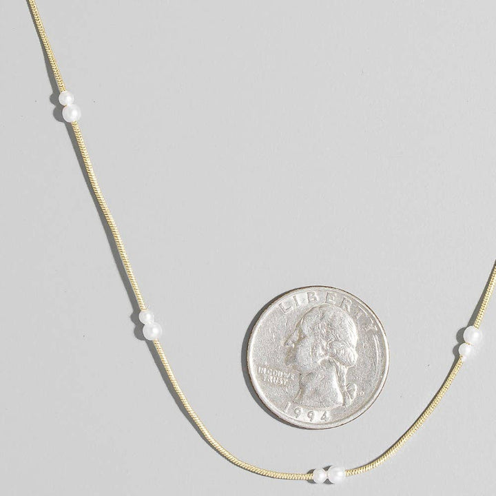 Pearl Station Beads Dainty Box Chain Necklace: Gold