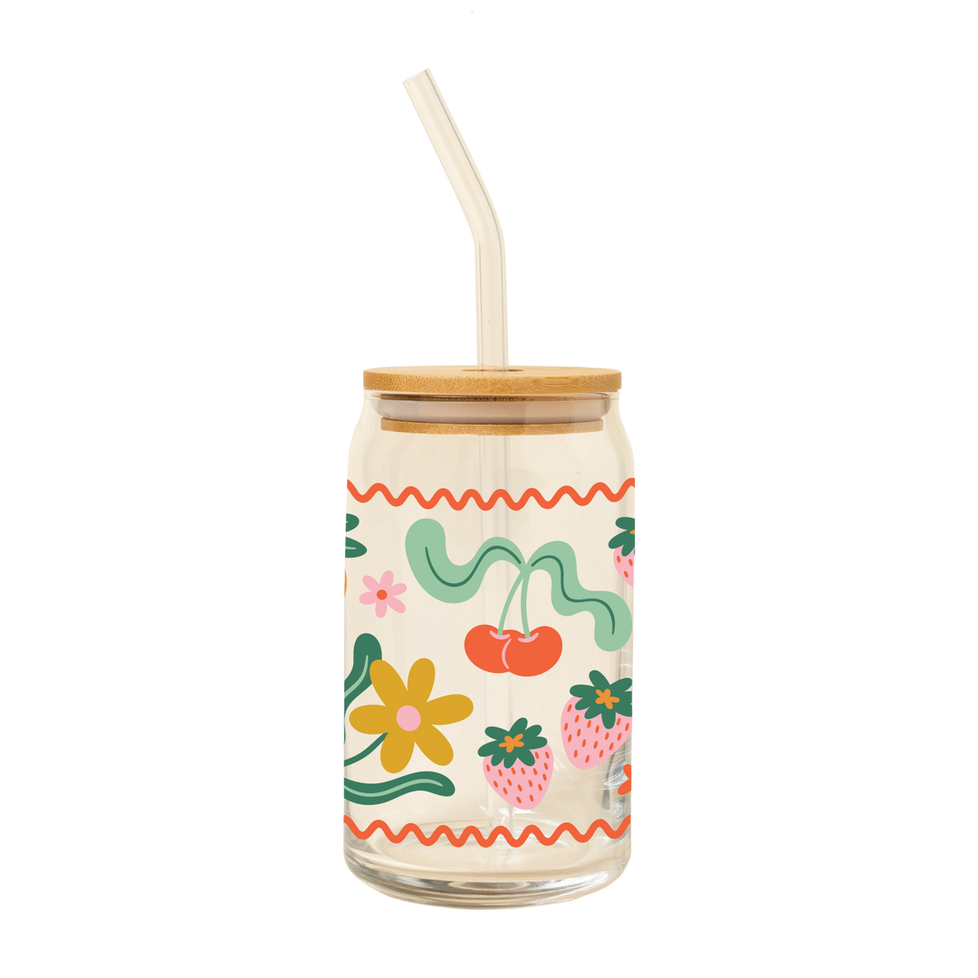 Can Glass w/Lid + Straw: Cutie Fruity