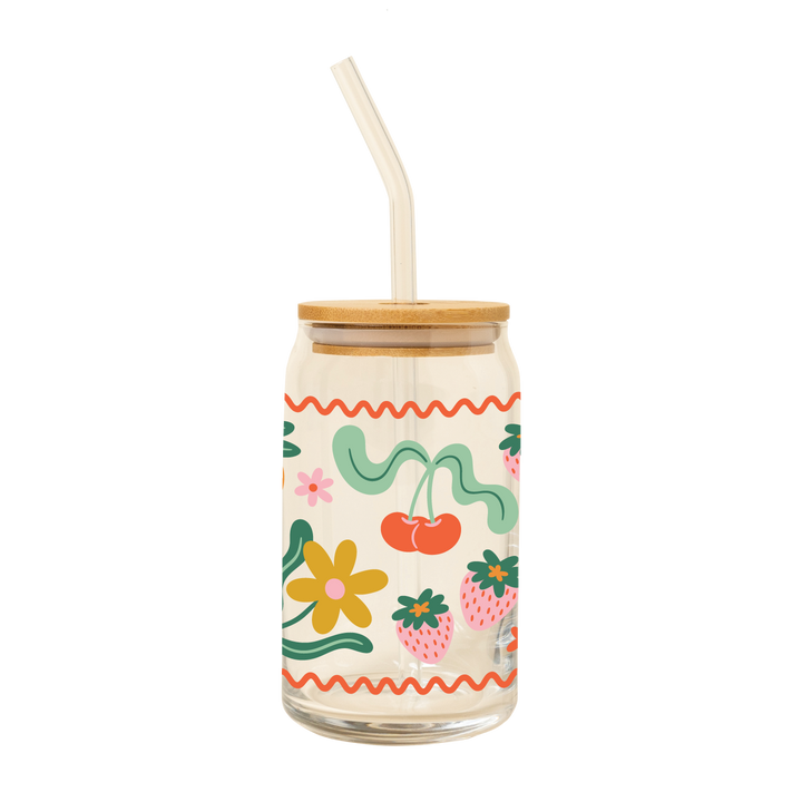 Can Glass w/Lid + Straw: Cutie Fruity