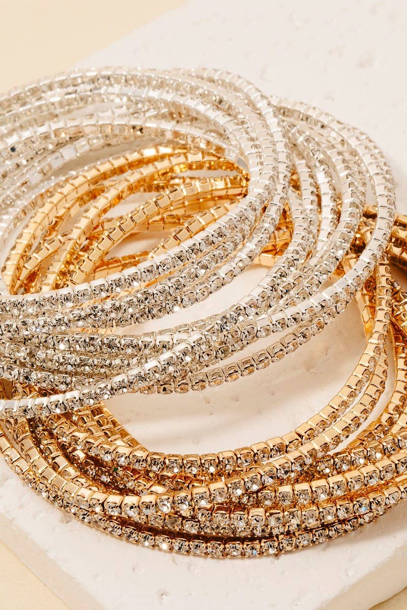 10 Piece Elastic Rhinestone Bracelet Set: Gold