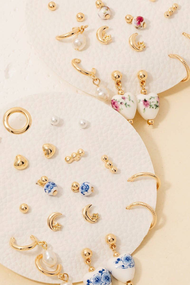 10 Piece Pearl And Ceramic Mixed Earrings Set: Gold