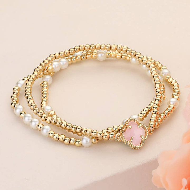 3PCS - Quatrefoil Pearl Metal Ball Beaded Stretch Bracelets: White