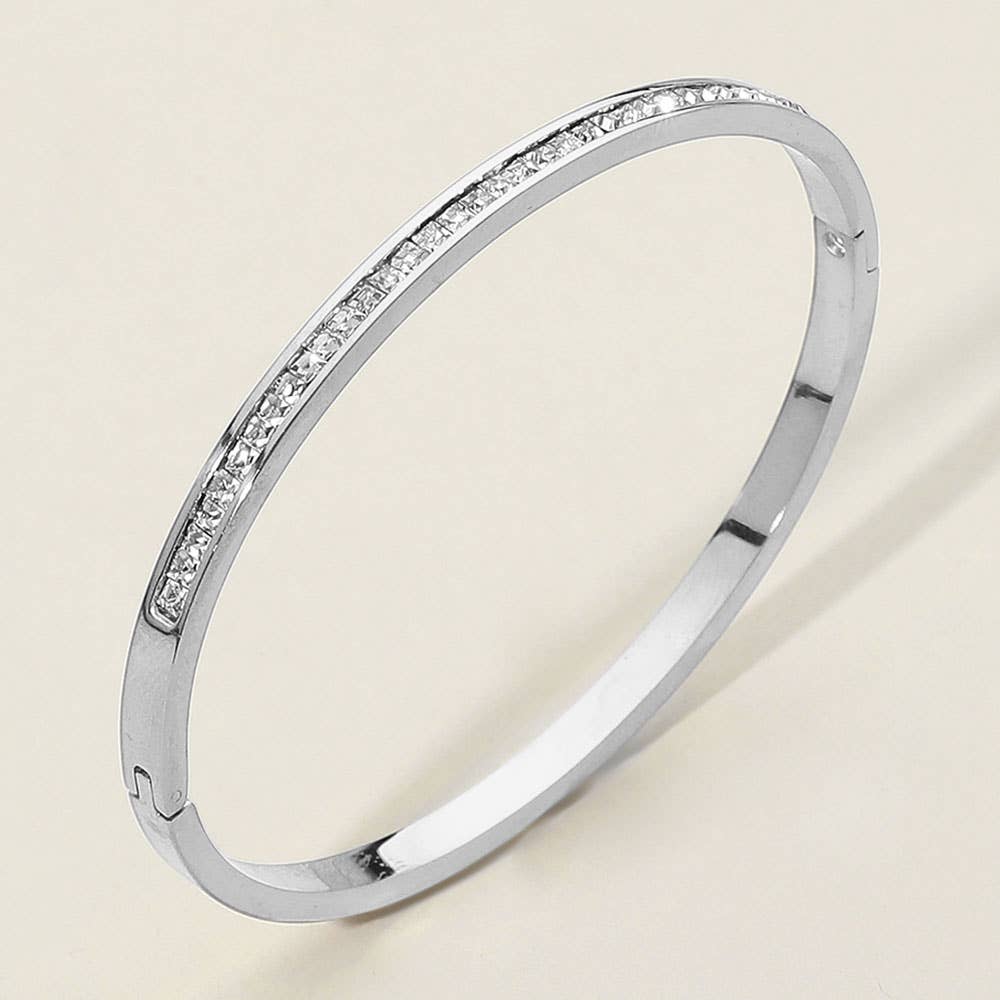 SECRET BOX_Stainless Steel Single Row Rhinestone Paved Hinged Bangle Bracelet: Rhodium