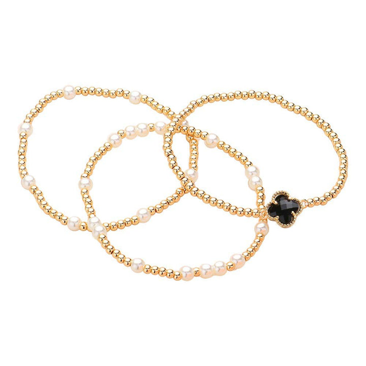 3PCS - Quatrefoil Pearl Metal Ball Beaded Stretch Bracelets: White