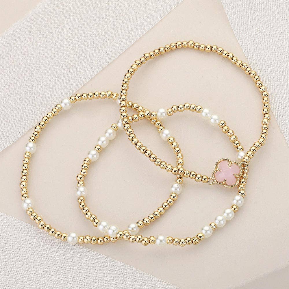 3PCS - Quatrefoil Pearl Metal Ball Beaded Stretch Bracelets: White