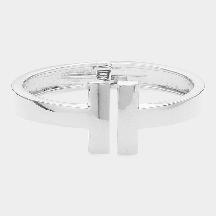 Geometric Metal T Bar Hinged Bangle Bracelet: Yellow Gold