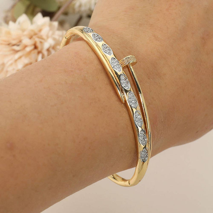 Stainless Steel Rhinestone Pave Marquise Accent Nailhead Hinged Bangle Bracelet