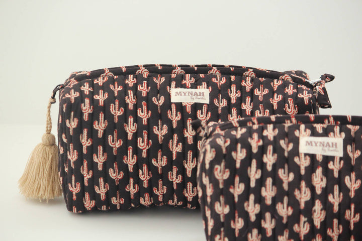 Quilted hand block print floral travel make-up bag