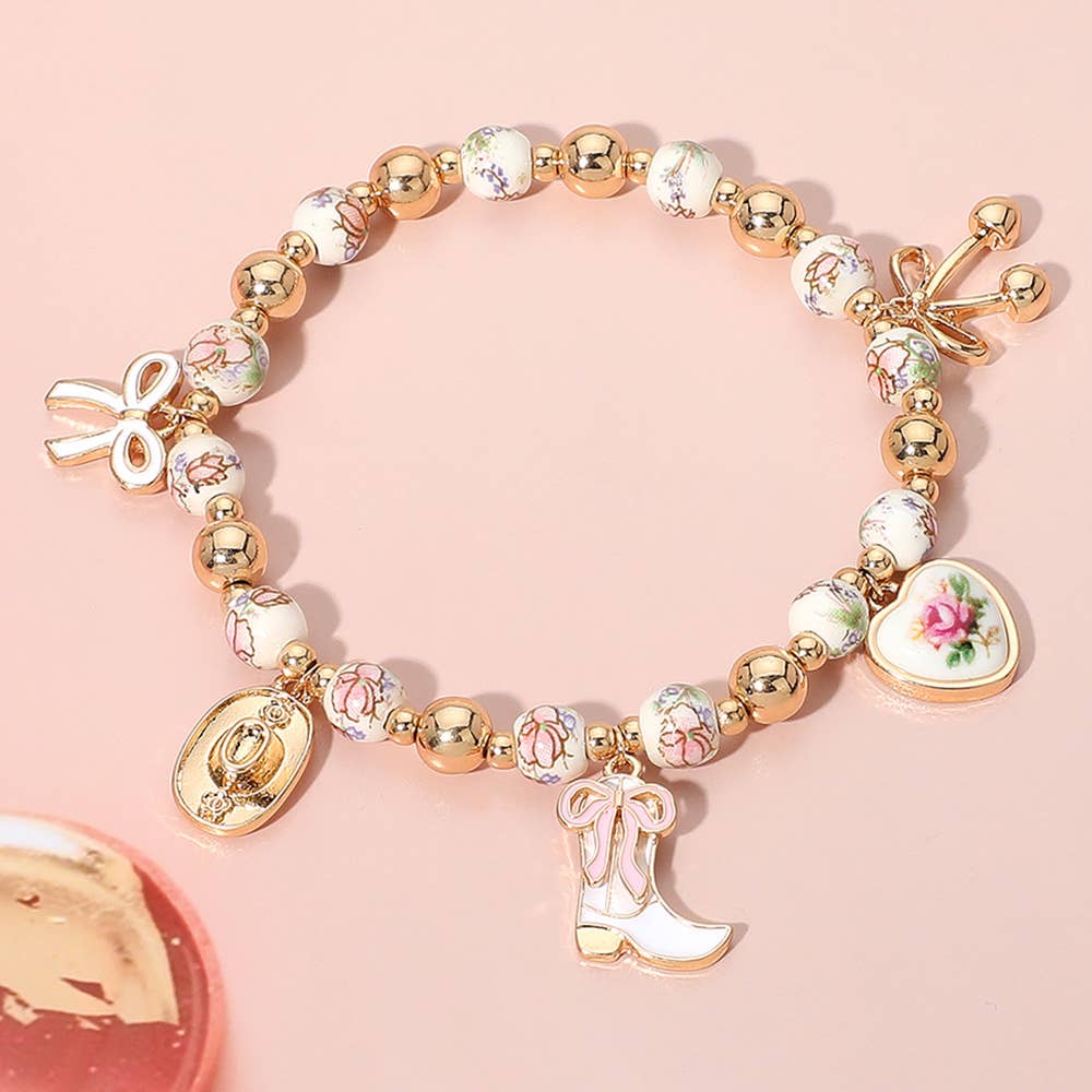 Enamel Bow Western Boot Charm Ceramic Ball Stretch Bracelet: Blue