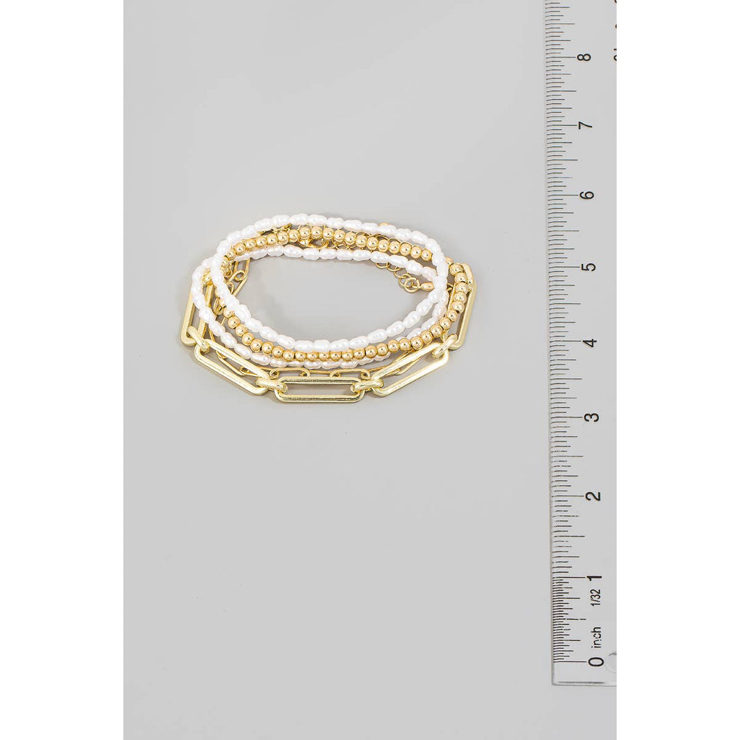 Assorted Pearl Bead Chain Bracelet Set: Gold