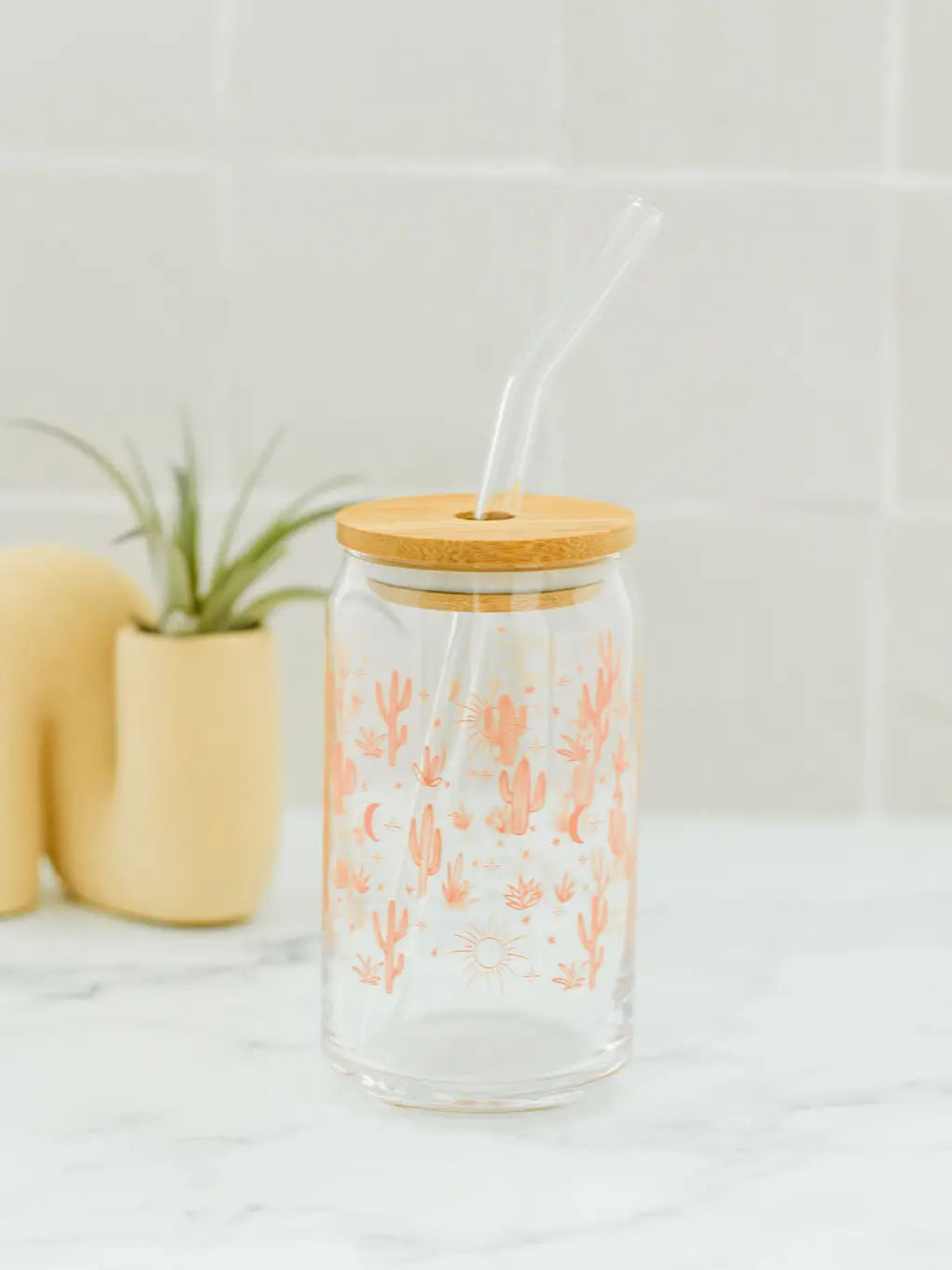 Cactus Glass Can With Lid & Straw