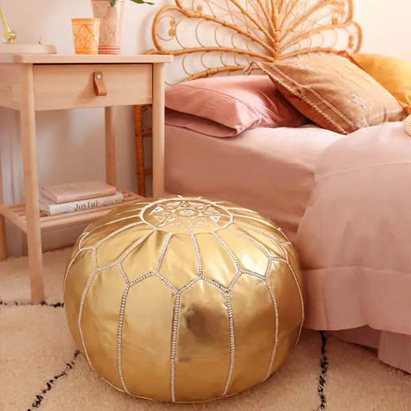 Gold Pouf, Moroccan Footstool – Vegan Leather