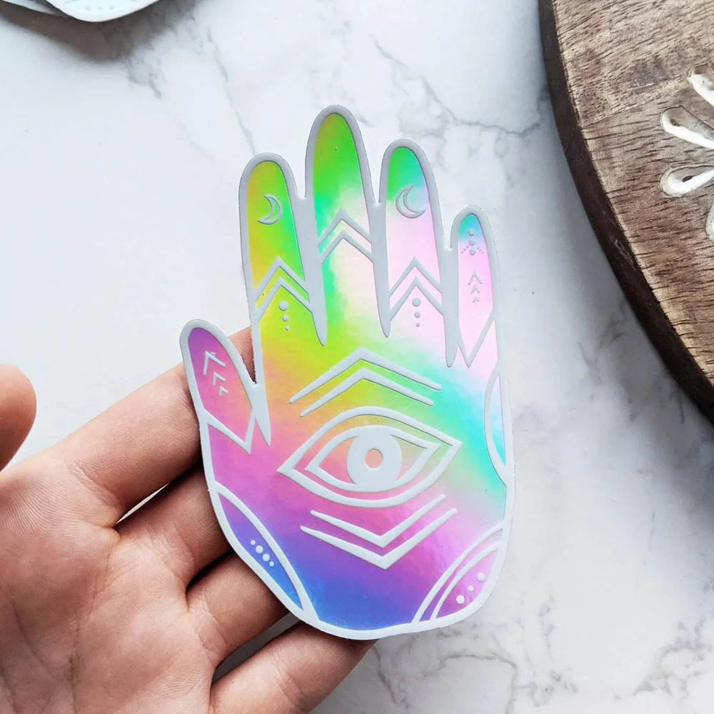 White Rainbow Holographic Hamsa Evil Eye Sticker