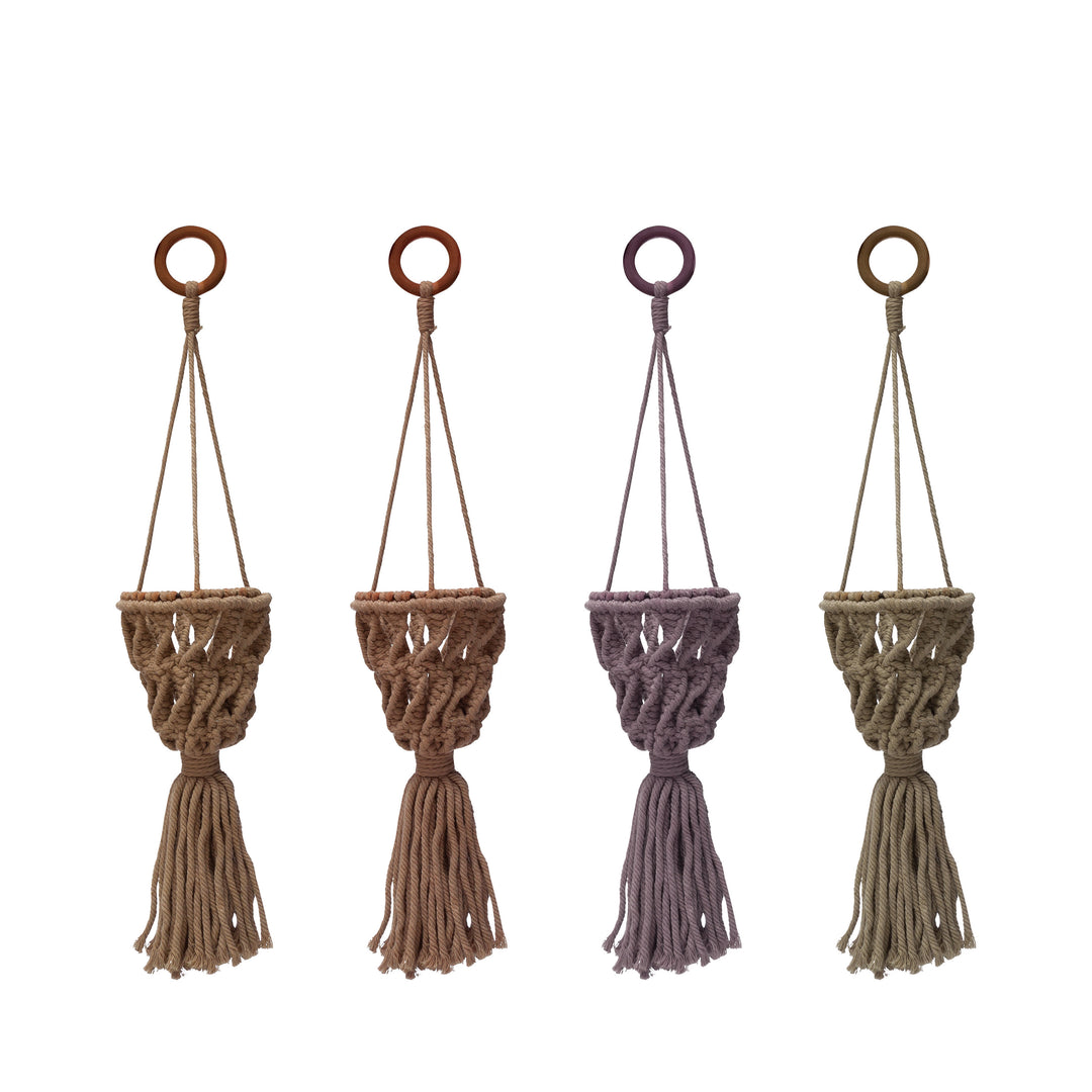 3-1/2" Round x 17-3/4"H Hand-Woven Cotton Macrame Mini Plant Hanger w/ Paulownia Wood Ring, 4 Colors