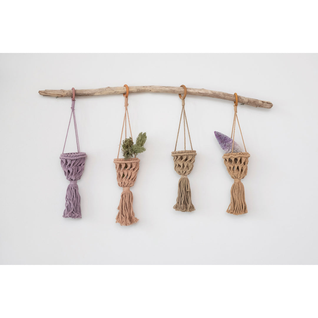 3-1/2" Round x 17-3/4"H Hand-Woven Cotton Macrame Mini Plant Hanger w/ Paulownia Wood Ring, 4 Colors