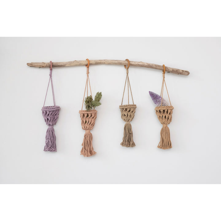 3-1/2" Round x 17-3/4"H Hand-Woven Cotton Macrame Mini Plant Hanger w/ Paulownia Wood Ring, 4 Colors