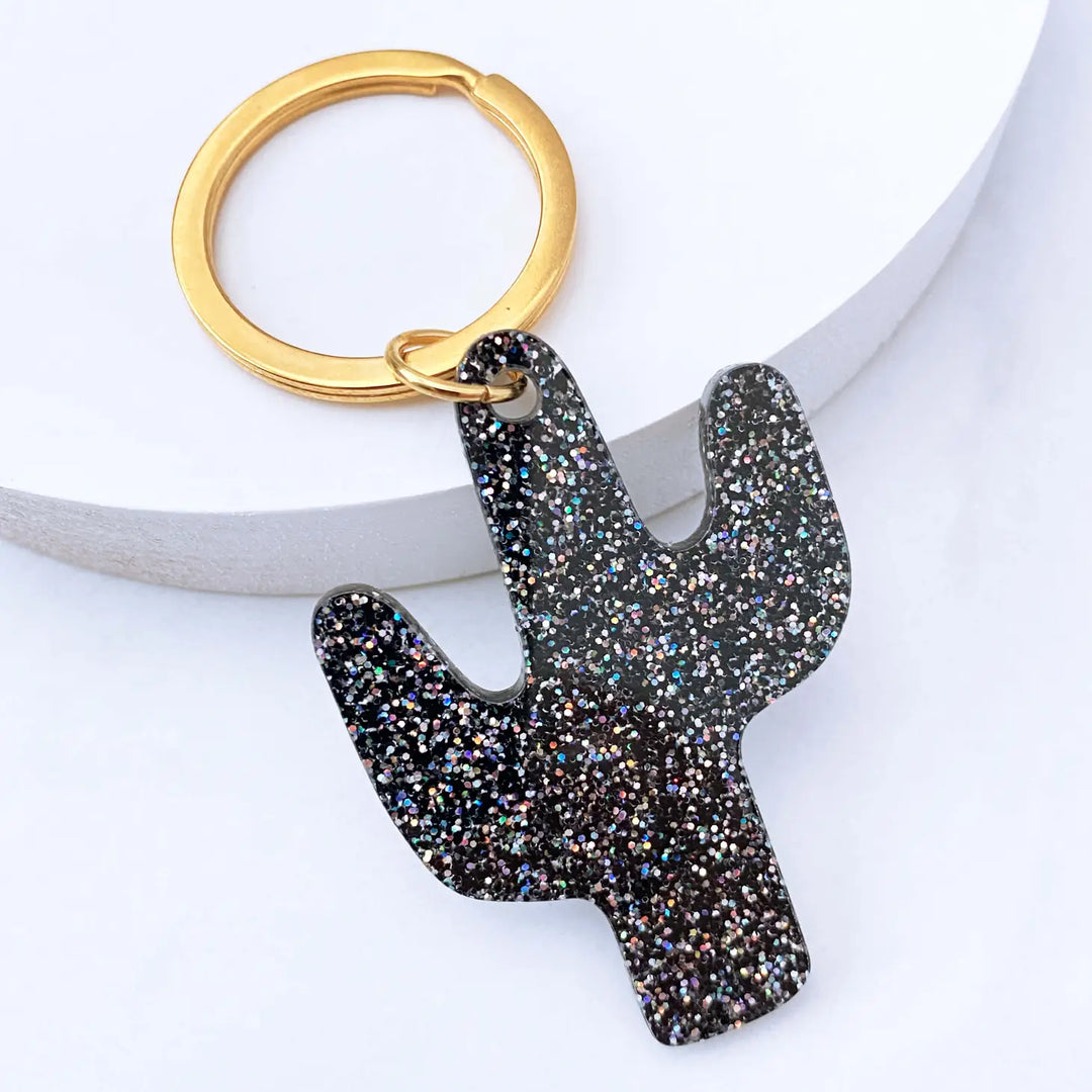 Black Glitter Acrylic Cactus Keyring