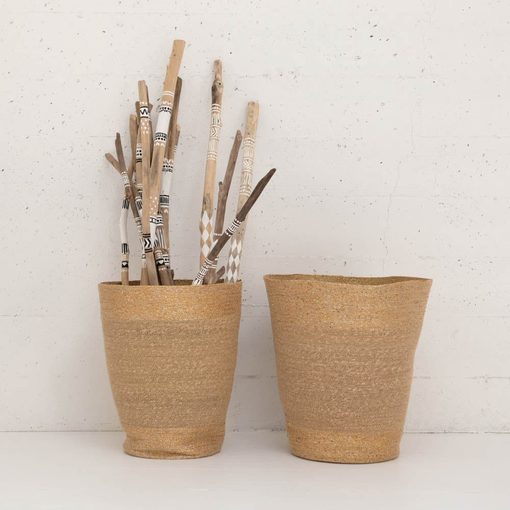 Hand Woven Natural Seagrass Baskets, Natural and Gold