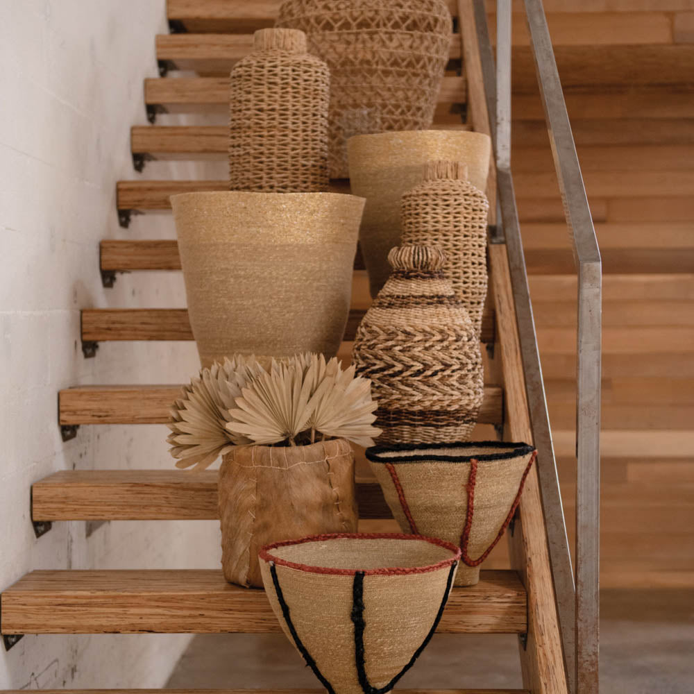 Hand Woven Natural Seagrass Baskets, Natural and Gold