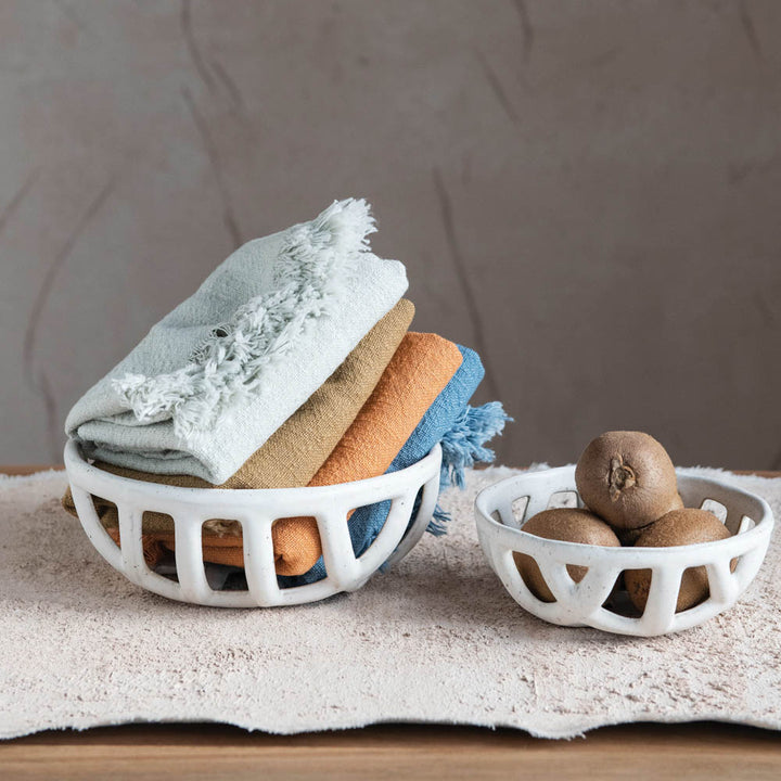 Handmade Stoneware Basket Bowls, White
