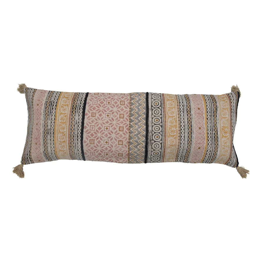 Woven Cotton Printed Lumbar Pillow w/ Embroidery